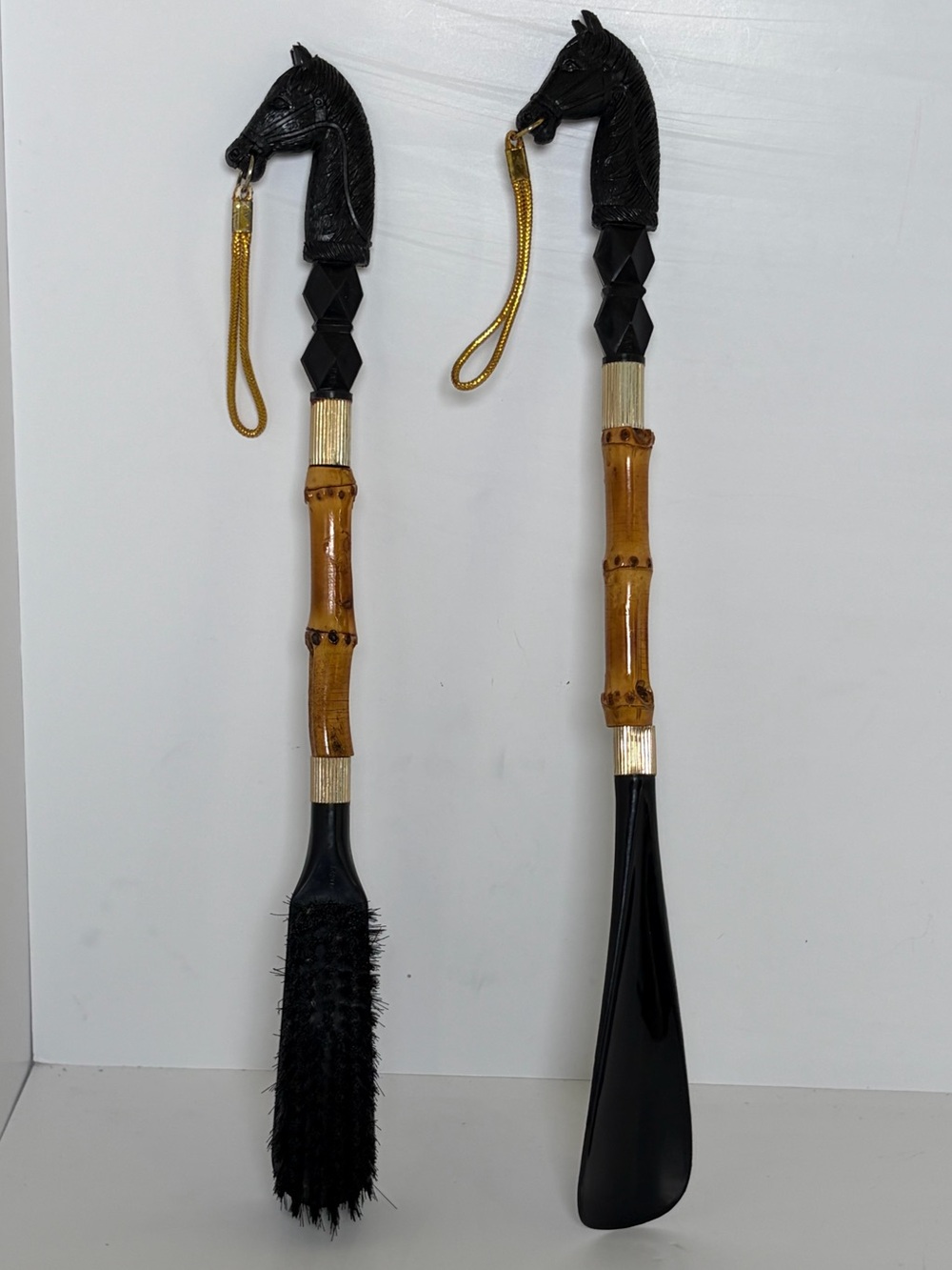 Vintage Horse Head Shoe Horn & Clothes Brush Set Bamboo Handles Equestrian Decor